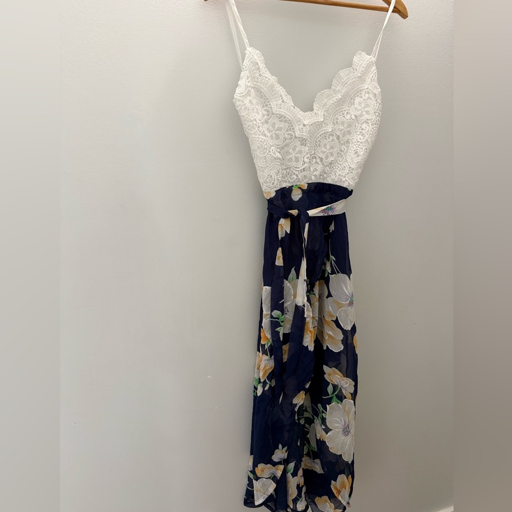 White Lace & Navy Floral Maxi Dress